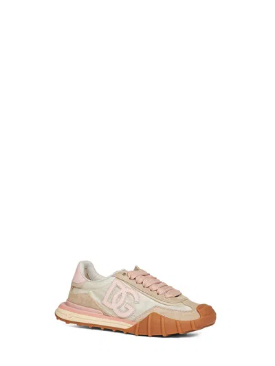 Dolce & Gabbana Dg Athletic Sneakers In Ivory And Pink Fabric And Leather In Multi