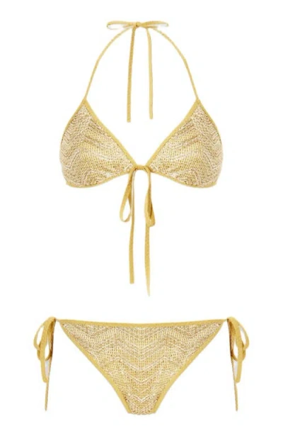 Missoni Triangle Mesh Bikini With Zigzag Pattern And Sequins In Neutral