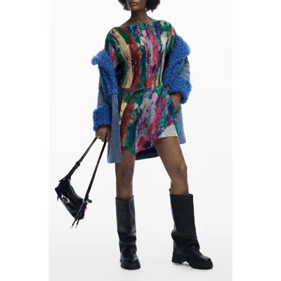 Desigual Smocked Long Sleeve Handkerchief Hem Dress In Multi