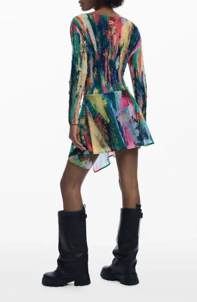 Desigual Smocked Long Sleeve Handkerchief Hem Dress In Multi