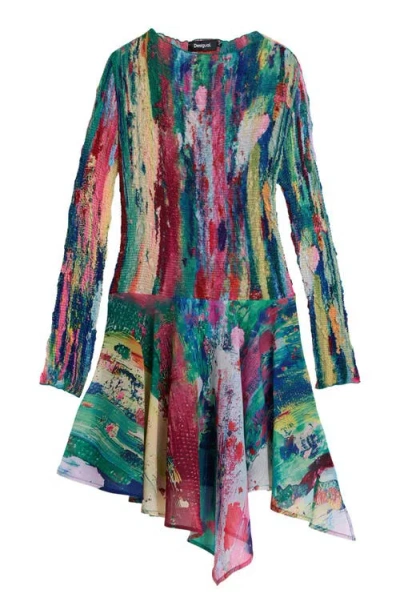 Desigual Smocked Long Sleeve Handkerchief Hem Dress In Multi