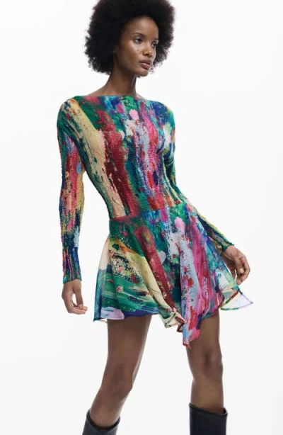 Desigual Smocked Long Sleeve Handkerchief Hem Dress In Multi