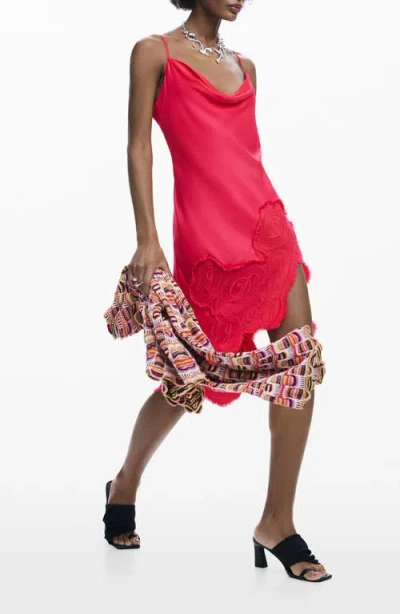 Desigual Lace Trim Asymmetric Slipdress In Red