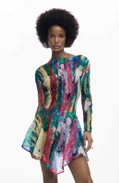 Desigual Smocked Long Sleeve Handkerchief Hem Dress In Multi