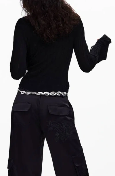 Desigual T-shirt With Snap Fasteners And Tie In Black