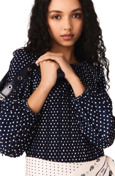 Maje Womens Navy Polka Dot Bandana Patterned Pleated Chiffon Midi Dress In Blue