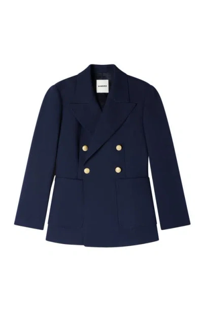 Sandro Womens Navy Blue Double-breasted Slim-fit Wool-blend Blazer In Blue