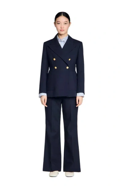 Sandro Womens Navy Blue Double-breasted Slim-fit Wool-blend Blazer In Blue