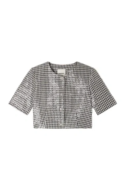 Sandro Cropped Houndstooth Tweed Jacket In Black