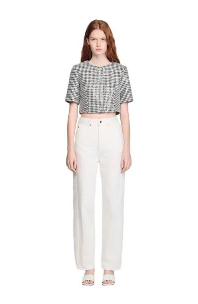 Sandro Cropped Houndstooth Tweed Jacket In Black