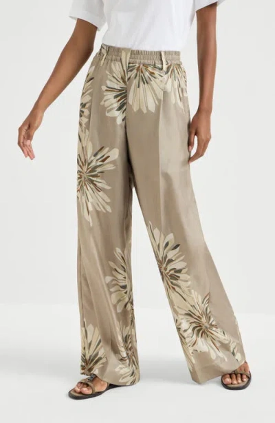 Brunello Cucinelli Elegant Silk Trousers With Stamped Floral Design In Animal Print