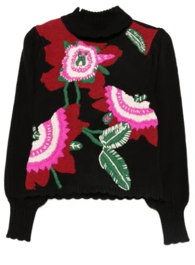 Farm Rio Mock-neck Embroidered Pullover Sweater In Black