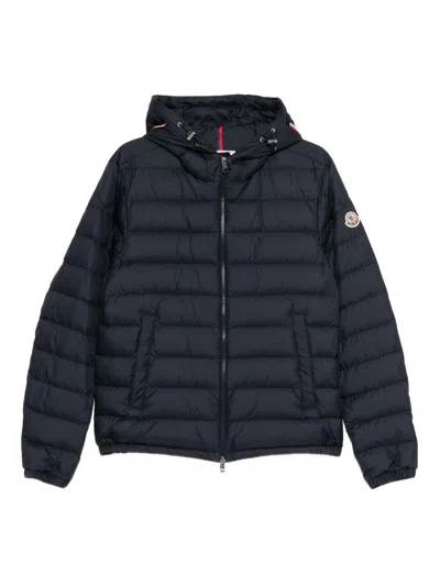 Moncler Black Hooded Down Jacket With Logo In Black