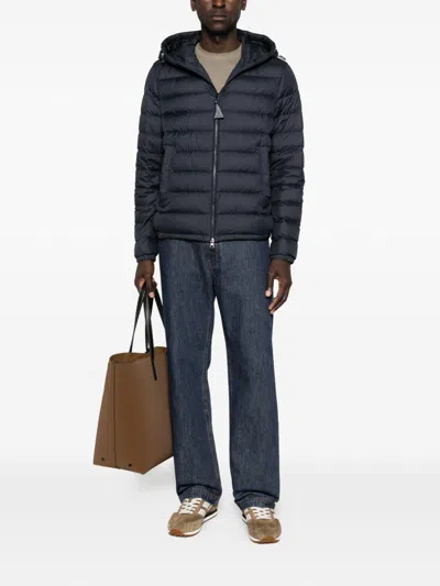 Moncler Black Hooded Down Jacket With Logo In Black