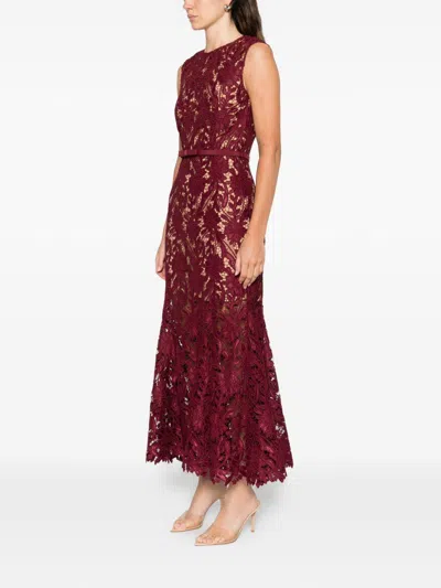 Self-portrait Fitted Guipure Lace Midi Dress With Removable Belt In Red