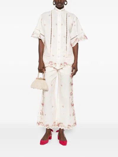 Zimmermann Patience Floral Linen Flared Pants In White