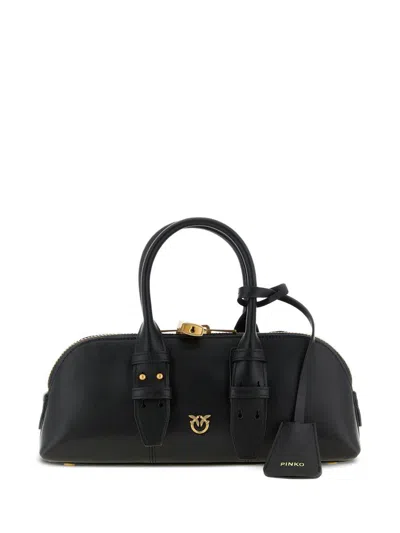 Pinko Bowling Bag Horizontal Black Handbag With Adjustable And Removable Shoulder Strap And Padlock Detail