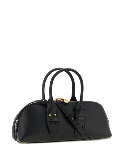Pinko Bowling Bag Horizontal Black Handbag With Adjustable And Removable Shoulder Strap And Padlock Detail