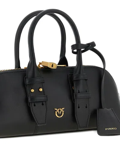 Pinko Bowling Bag Horizontal Black Handbag With Adjustable And Removable Shoulder Strap And Padlock Detail