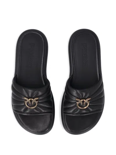 Pinko Fiona Black Slides With Chunky Design And Love Birds Logo Plaque In Leather Woman