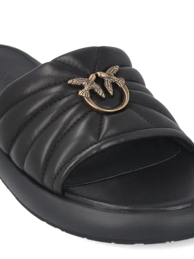 Pinko Fiona Black Slides With Chunky Design And Love Birds Logo Plaque In Leather Woman