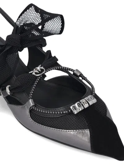 Pinko Gianira Black Ballerinas With Pointed Toe And Decorative Ankle Band In Leather And Fabric Blend Woma