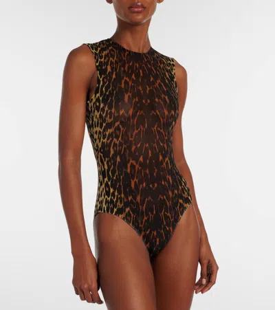 Alex Perry Leopard-print Mesh Bodysuit In Brown
