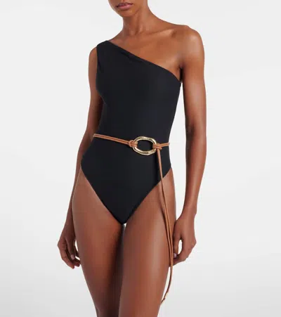 Same Belted One-shoulder Swimsuit In Black
