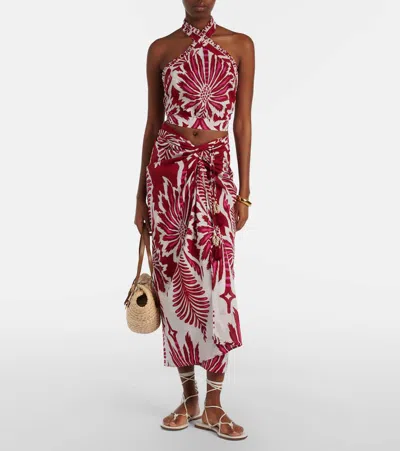 Poupette St Barth Uma Floral Gathered Cotton Midi Skirt In Brown
