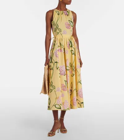 Oscar De La Renta Sleeveless Porcelain Flower Waist-tie Midi Dress In Yellow