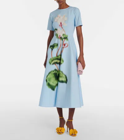 Oscar De La Renta Short Sleeve Chine Cyclamen Poplin Day Dress In Blue