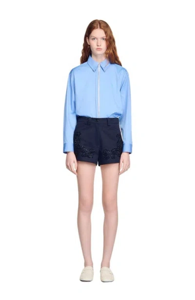 Sandro Paris Cotton Embroidered Shorts In Black