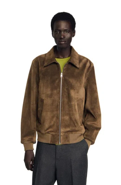 Sandro Quilted Zip Jacket In Brown