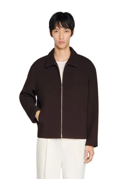 Sandro Waffled Regular Collar Zip Jacket In Black