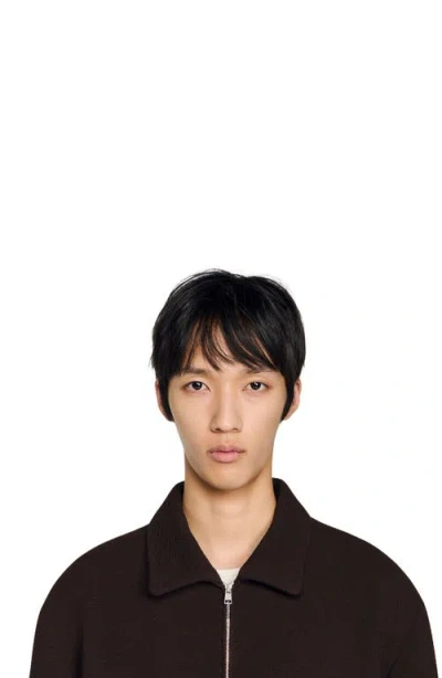 Sandro Waffled Regular Collar Zip Jacket In Black