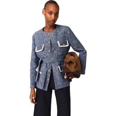 Maje Womens Blue Four-pocket Belted Tweed Jacket