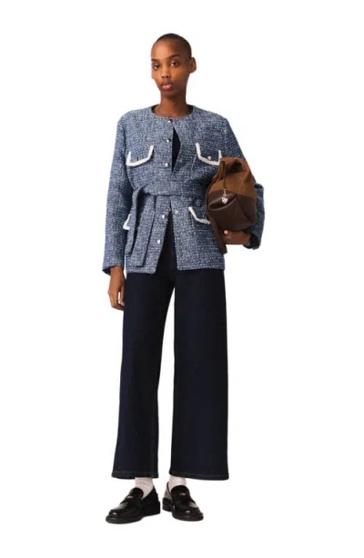Maje Womens Blue Four-pocket Belted Tweed Jacket