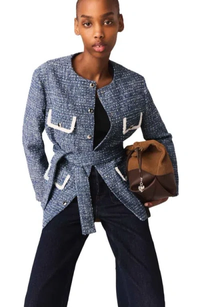 Maje Womens Blue Four-pocket Belted Tweed Jacket