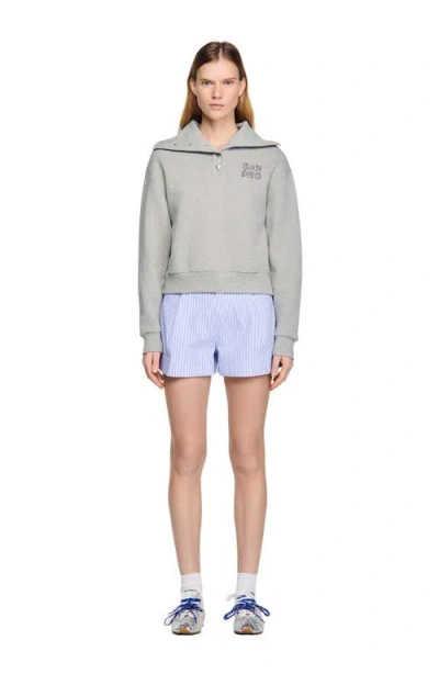 Sandro Embroidered Split Neck Sweatshirt In Gray