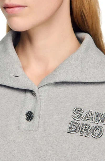 Sandro Embroidered Split Neck Sweatshirt In Gray