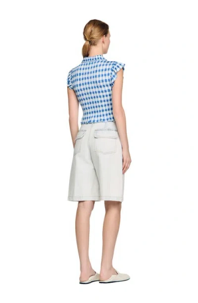 Sandro Check Smocked T-shirt In Blue