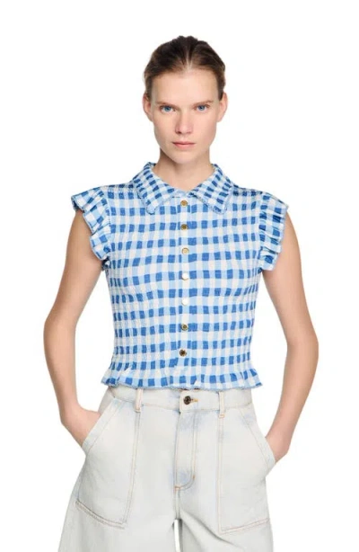 Sandro Check Smocked T-shirt In Blue