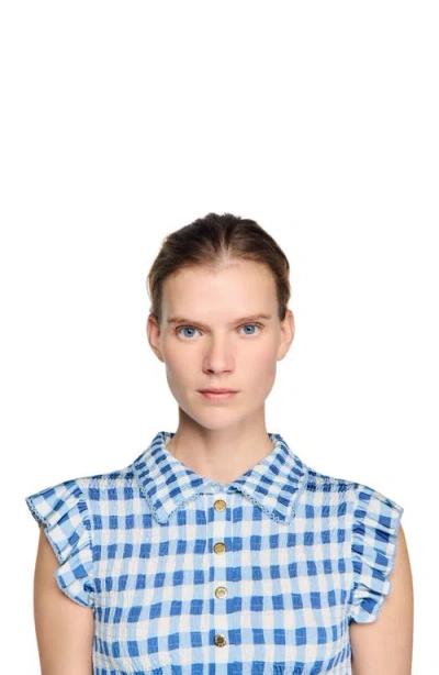 Sandro Check Smocked T-shirt In Blue