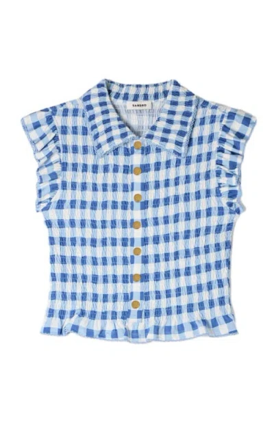 Sandro Check Smocked T-shirt In Blue