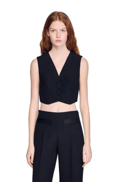 Sandro Womens Black V-neck Cropped Woven Top In Blue