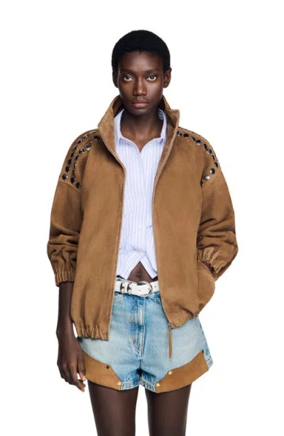 Sandro Studded Zip-up Jacket In Brown