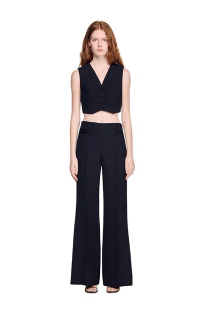 Sandro Womens Black V-neck Cropped Woven Top In Blue