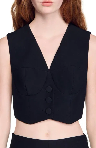 Sandro Womens Black V-neck Cropped Woven Top In Blue