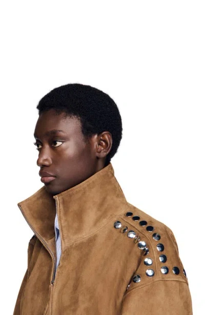 Sandro Studded Zip-up Jacket In Brown