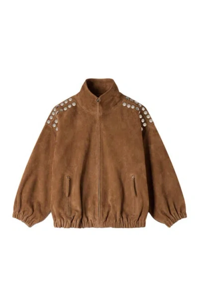 Sandro Studded Zip-up Jacket In Brown